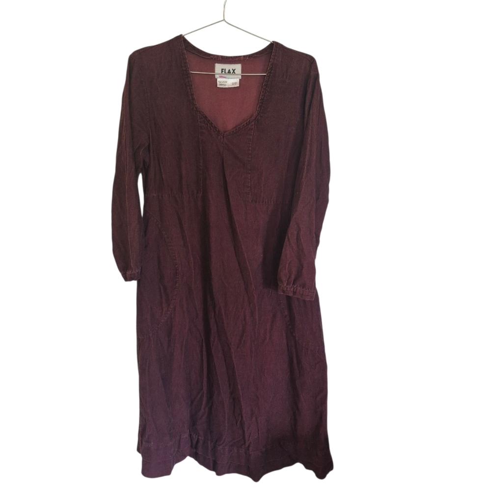 FLAX Size Small Burgundy Red Long Sleeve Dress With Pockets Soft Cotton